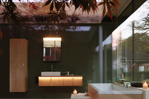  Badmöbelkollektion „Vero“: Eine Ambiente-Beleuchtung unterhalb des Waschplatzes bie-tet ein sanften, zonalen Lichtschimmer im Bad. 