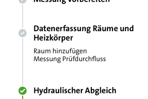  3. Vor dem eigentlichen Abgleich wird das Tool kalibriert und die Daten zu Räumen und Heizkörpern erfasst. Für die Kalibrierung („Messung vorbereiten“) werden zunächst alle Heizkörperventile geschlossen, damit die App über die Pumpe den verbleibenden Volumenstrom als Referenzwert ermitteln kann. 