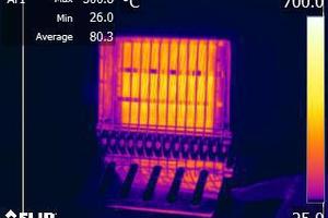  Aufnahme desselben Objektes mit verschiedenen Temperaturbereichen: -20 bis 120 °C (rechts) und 0 bis 650 °C (links). Die Temperatur im rechten Bild wird mit einer Warnhinweis (roter Kreis mit weißem Kreuz) angezeigt, da dieser Messwert außerhalb des kalibrierten Bereichs liegt. 