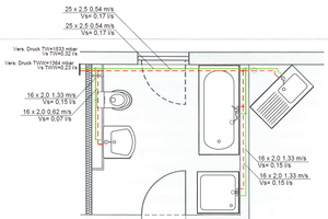  Bild 3: Ein typisches Bad mit angrenzender Küche im Mehrfamilienhaus. In diesem Beispiel kommt die T-Stück-Installation zum Einsatz, die aus hygienischer Sicht nicht die optimale Lösung ist. 