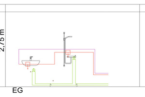  CAD-Zeichnung einer Installation mit „Hygienebox“: Die Kaltwasserversorgung erfolgt von unten über eine Ringleitung und Doppelwandscheiben. Die Zirkulation versorgt die Entnahmestellen von oben über je eine „Hygienebox“. 