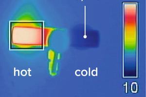  Ringinstallation Kalt- und Warmwasserseite: Thermographie unmittelbar nach dem Zapfvorgang. Auf der Warmwasserseite der Armatur herrschen Oberflächentemperatur von etwa 60 °C und auf der Kaltwasserseite 10,1 °C. 