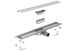  Bestandteile der Duschrinne „ACO ShowerDrain C“, von oben nach unten: Rost (hier: Design Square), zweiteiliger Geruchsverschluss und Rinne mit verschweißtem Ablauftop. 