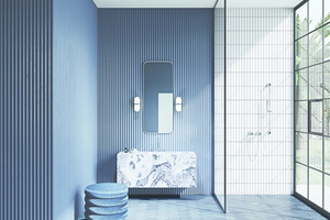  Top-Einrichtungstrend für das moderne Badezimmer: Farbe. Dabei sticht jedoch keine Trendfarbe besonders hervor, vielmehr ist die Farbigkeit an sich im Lifestyle-Bad angekommen. Im Bild: Armaturenserie „Nova Fonte“ von Kludi.  