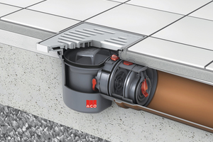  Lösungsbeispiel 1: ACO-Kellerablauf „Junior“ mit Rückstauverschluss für fäkalienfreies Abwasser – zum Einbau in die Bodenplatte. 