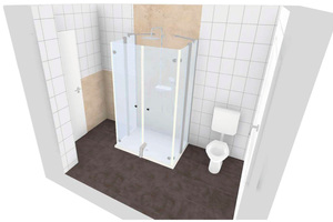  Das Projekt visualisieren – das hilft dem Kundenbei der Entscheidung. Hier die Variante mit der halbhohen Rückwand neben der Dusche. 