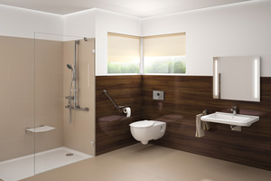  Die geschickte Planung erreicht, dass auch in einem barrierefreien Bad das Design nicht zu kurz kommt, wie bei der Badserie Geberit „Renova Comfort“.  