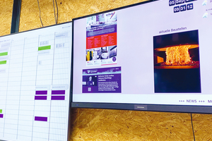  Die großen Bildschirme in der Werkstatt der Schulz GmbH: Kalenderanzeige, News, Baustellenfotos, Fachmedien, Tagesschau. 