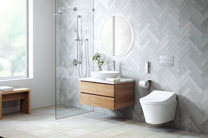  Neben einer barrierefreien Dusche und einem unterfahrbaren Waschtisch kann auch ein Dusch-WC zum barrierefreien Bad gehören. Wie z.B. das Modell „RG“ von Toto. 