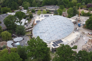  Das Niederschlagswasser des rund 3.000 m2 großen und trans-luzenten Kuppel-daches der Meranti-Halle im Allwetter Zoo Münster wird unterirdisch gesammelt und als Gießwasser verwendet. 