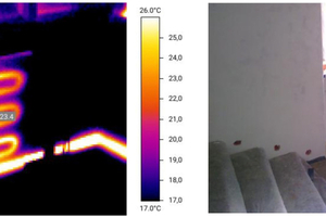  Das Bild der Infrarotkamera zeigt den Verlauf der Kupferrohre des Primärkreises zur Gebäudetemperierung nach Henning Großeschmidt und eine zusätzliche, regelbare Sekundärschleife in der Fensternische.  