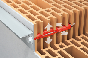  Schnittdarstellung einer Montagesituation mit einem „Tox Bizeps“. Diese Dübel sind vor allem für Lochstein (Poroton) und Porenbeton (Ytong) eine optimale Lösung.  
