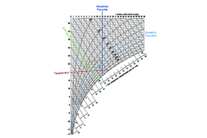  Bild 2: Darstellung der Linien gleicher Temperatur (rot), absoluter Feuchte (dunkelblau), relativer Feuchte (hellblau) und Enthalpie (grün) im h,x-Diagramm. 