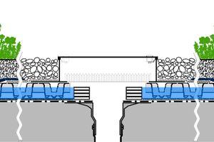  Schemadetail Ablauf des Retentions-Gründachs „Sponge City Roof“, ohne Drosselelement. Steuerbare Anstauscheiben bilden eine 8 cm hohe Barriere für das Wasser, das aus der Substratschicht durch das Aquafleece tropft. Der Ab- und Überlauf wird in einer unterirdischen Regenzisterne gesammelt. 