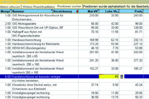  Kein AbtippenDas abgebildete Beispiel zeigt den Inhalt eines Leistungsverzeichnisses für das Gewerk Sanitärinstallation nach dem Einlesen ins Programm „LC-TOP“. Die Materialpreise wurden bereits durch den Großhändler in die GAEB-Datei eingesetzt, so dass die händische Übertragung der Preise entfällt. In der Endbearbeitung des Angebotes müssen nur noch die Montagezeiten für Positionen wie z. B. „Anschluss herstellen“ eingesetzt werden 