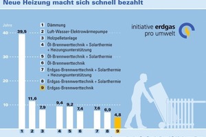  Im AustauschReine Dämmmaßnahmen amortisieren sich erst nach knapp 40 Jahren; beim Tausch eines alten Gas-Standardkessels gegen eine moderne Erdgas-Brennwertanlage gleichen sich die Investitionen im Schnitt bereits nach weniger als fünf Jahren aus 