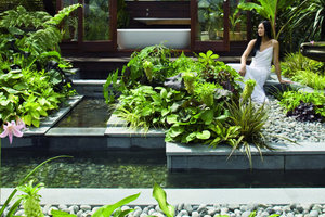  Natürlich wirkende BadarchitekturDer extravagante „Garten Spa“ mit idyllischem Koi-Teich und üppiger Pflanzenwelt 