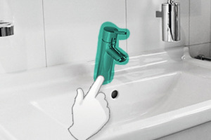  Hansgrohe-App ###gleie BU für zusammengehörige Bilder ###
Der Waschtisch wird fotografiert, auf dem Touchscreen mit dem Finger die vorhandene Armatur entfernt und die App projiziert die ausgewählte Hansgrohe Wunsch-Armatur an diese Stelle. Diese Bildmontage kann gespeichert, per Mail weiterverschickt oder ausgedruckt werden. Damit ist die Hansgrohe App auch ein nützliches Tool für die Kundenansprache in der Badausstellung 