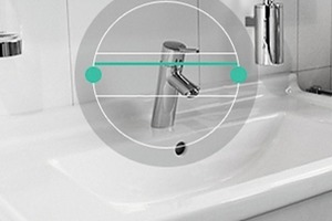  Hansgrohe-App ###gleie BU für zusammengehörige Bilder ###
Der Waschtisch wird fotografiert, auf dem Touchscreen mit dem Finger die vorhandene Armatur entfernt und die App projiziert die ausgewählte Hansgrohe Wunsch-Armatur an diese Stelle. Diese Bildmontage kann gespeichert, per Mail weiterverschickt oder ausgedruckt werden. Damit ist die Hansgrohe App auch ein nützliches Tool für die Kundenansprache in der Badausstellung 