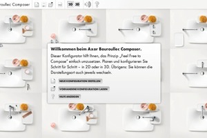  Planung am BildschirmBadprofis können über dem „Axor Bouroullec Composer“ gemeinsam mit ihren Kunden am Bildschirm verschiedene Kombinationsmöglichkeiten von Waschtischen und Armaturen ausprobieren und planen 