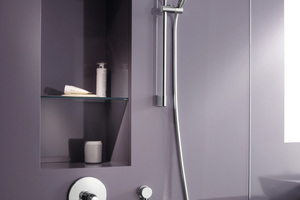  Für das kleinere Zweitbad sind Produkte geeignet, die Funktionalität mit Design verbinden, wie die Armatur „Hansadisc“. Passend zur Waschtischarmatur: Bedienelemente für die Dusche im Seriendesign  