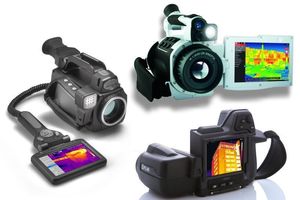  In der Profiklasse überwiegt die Camcorder-Bauform, wobei es auch neue Designkonzepte gibt (Trotec, InfraTec, FLIR Systems, Collage nicht maßstäblich). 