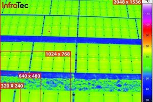  Bei der Überprüfung großer Objekte oder feiner Strukturen sind Kameras mit einer hohen Detektorauflösung stets im Vorteil: Vergleich unterschiedlicher Detektorformate (InfraTec). 