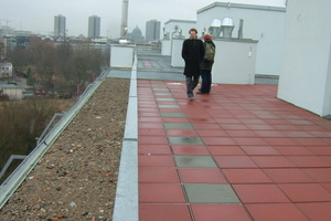  Die Dachflächen werden auf Wunsch der drei Bauherrengemeinschaften genutzt. Die Randstreifen außerhalb des Geländers sind extensiv begrünt. 