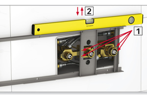  (1) Die bewegliche Funktionseinheit wird fest mit dem Montagerahmen verbunden.(2) Der Montagerahmen wird ausgerichtet und auf der Wand befestigt. Damit ist die Position der Funktionseinheit eindeutig festgelegt und dreidimensional fixiert: senkrecht, waagerecht und in der Tiefe.  