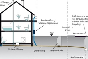  Schnitt von Haus und Revisionsschacht, in dem der Rückstauverschluss eingebaut wurde. Regenwasserleitungen münden nach dem Wasserschaden nur noch unterhalb des Rückstauverschlusses als offene Gerinne.  