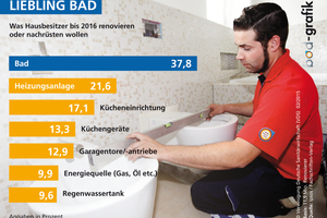 Knapp 12 Mio. deutsche Hausbesitzer wollen bis 2016 in Renovierungsmaßnahmen investieren. Nach einer Ipsos-Studie steht dabei das Bad mit großem Vorsprung auf Platz 1.  