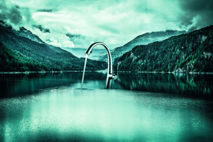  Die Armatur „Zoe“ von KWC eingebettet in die naturbelassene Schweizer Bergwelt versinnbildlicht den Claim „Swiss Water Experience“. 
