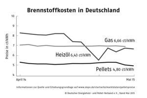  Im Mai 2015 war bundesweit Gas durchschnittlich 39 % teurer als Pellets – bezogen auf eine Lieferung von 6 t bzw. 33.540 kWh Gas. 