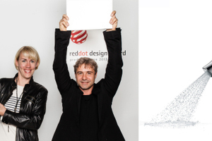  Astrid Bachmann, Pressereferentin Axor (l.), und Philippe Grohe, Markenleiter Axor (m.), mit „Axor Starck Organic“ (r.). Foto: red dot design Award 